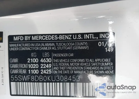 2019 Mercedes-Benz C 300 z USA, uszkodzony, nr VIN 55SWF8DB0KU308453